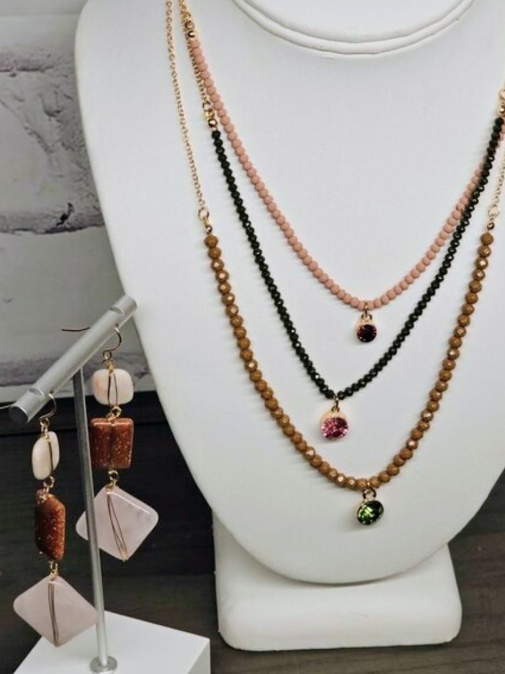 Triple-Layer Beaded Necklace And Earring Set with Pink, Black and Brown Beads